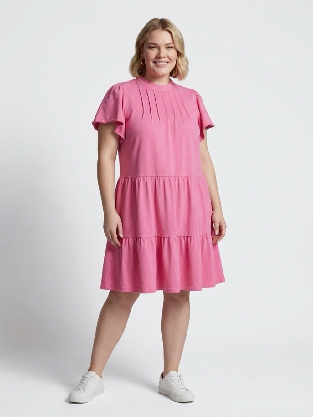 crown & ivy Pink Tiered Flutter-Sleeve Ponte Dress